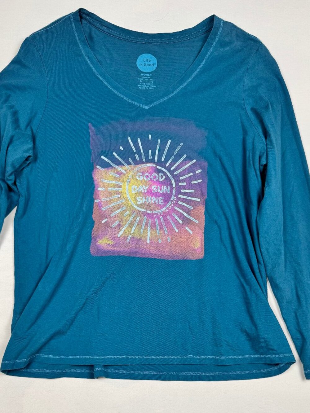 Life is Good Women's Long Sleeve V-Neck Tee Teal Good Day Sunshine Size L